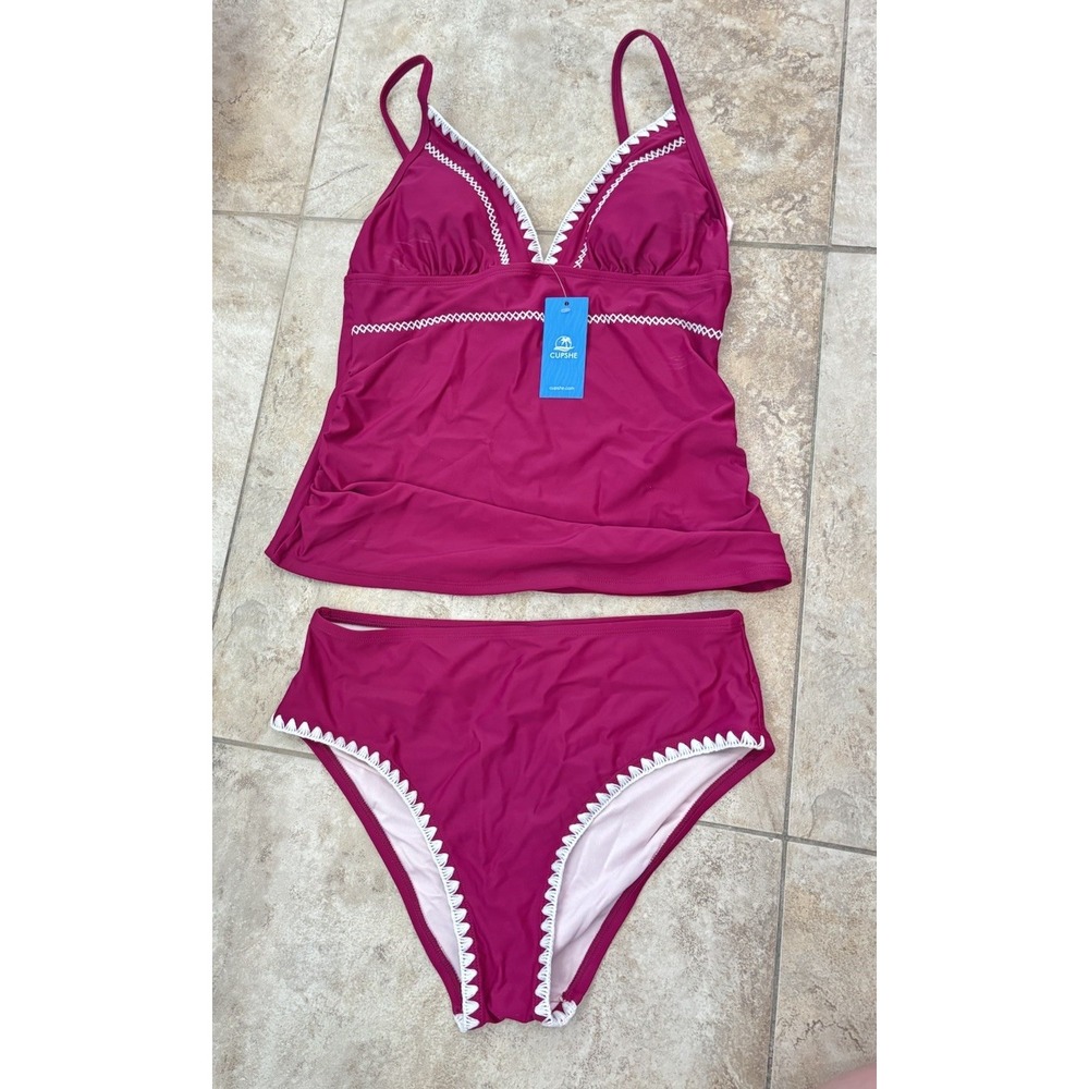 CUPSHE Tankini Swimsuit Set Women's Small Magenta Pink White Trim NWT 2 Piece